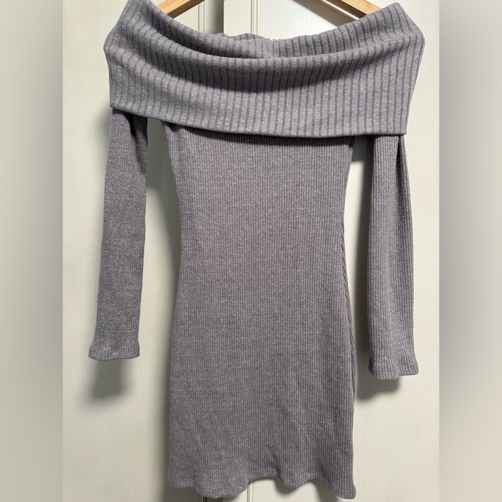 Gray Off-Shoulder Ribbed Dress